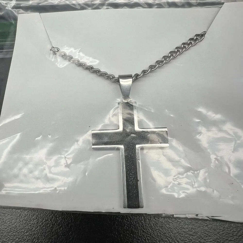 Cross Necklace- Black & Silver Tone 24” Chain- Lobster Claw Clasp